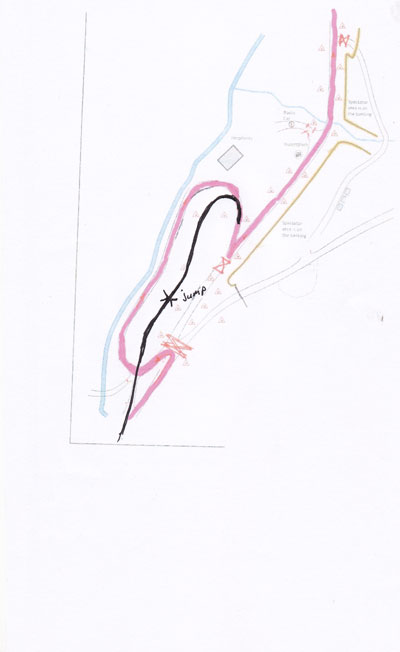 Hand drawn showing the new proposed route through the Sweet Lamb bowl in blue, compared to the original route in red