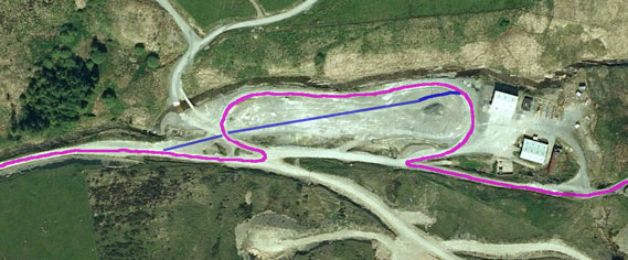 The new proposed route through the Sweet Lamb bowl in blue, compared to the original route in red